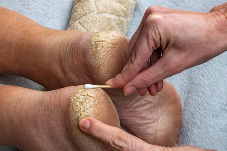 The doctor smears the cracked dry skin of the heel on the leg with a moisturizing healing cream. Close-up of applying cream on sore cracked heels. The concept of skin treatment on the feetの写真素材