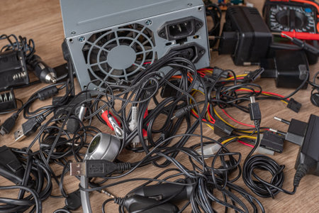 Pile of old wires, connections, headphones and chargers on a wooden table close-up. Replacement of...
