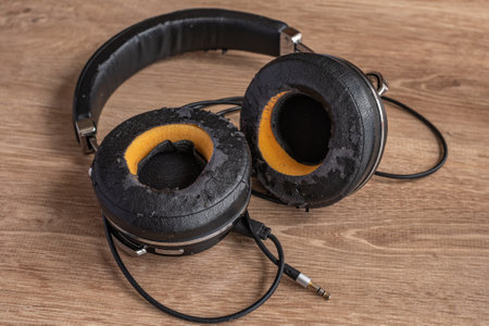 Old black headphones close-up on a light wooden table. Listen to music in high quality. Electronic devices need to be replaced regularly. The concept of electronic devices for quality music listeningの写真素材
