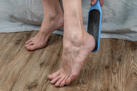 A woman rubs her heels with a double-sided foot grater. The female cleans her feet with a grater, removing calluses from her heels. Pedicure tool. Foot care. Womens health conceptの写真素材