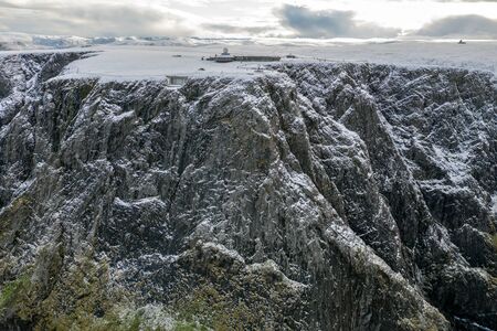 Picture shows a drone view on the North Cape in Norway