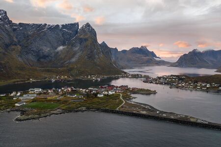 Picture shows a drone view on Reine, Lofotenの写真素材