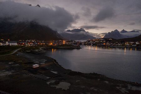 Picture shows a drone view on Reine, Lofotenの写真素材
