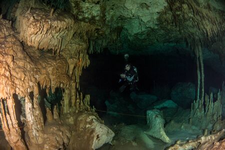 Scuba diving in the Cenote Dreamgate, Mexicoの写真素材