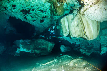 Scuba diving at the Cenote Nicte Ha in Mexicoの写真素材