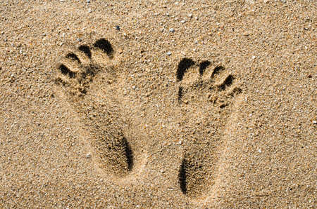 Footprints on the beach sandの写真素材