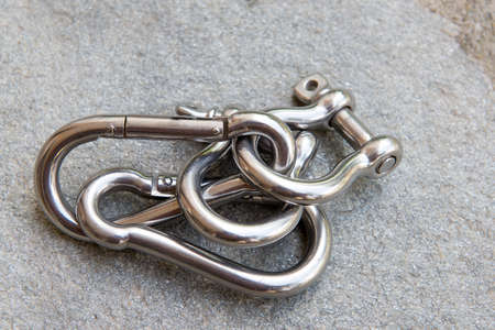 Carabiner and clamps used in various sportsの写真素材