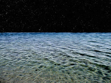 Illustration of a sea made up of glowing lines looking out to a starry night sky