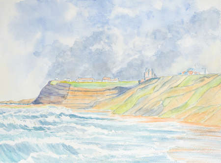 Painting of a village on thop of a cliff overlooking the seaの写真素材