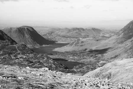 Black and White view of  Crummock Water and Buttermere  from a high fell in the Lake District National Park in the County of Cumbria,North West England,UK.の写真素材