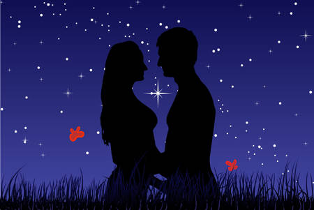 Kiss a guy with a girl in the grass against night sky . Vector.のイラスト素材