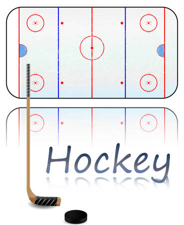 Illustration of a hockey field, hockey stick and puck. Each element on separate layer.のイラスト素材