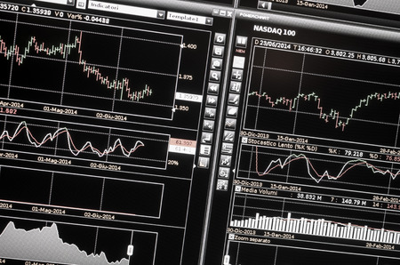 financial markets and trading concept, computer screen chartsのeditorial素材