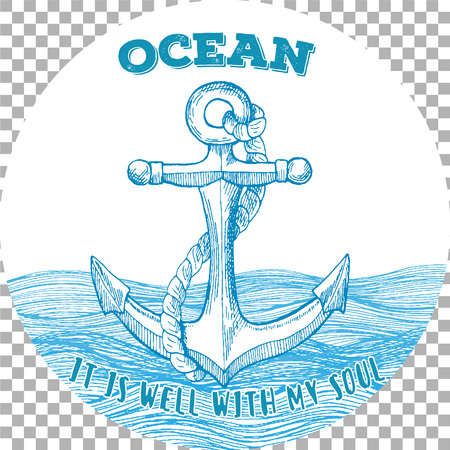 Vintage nautical badge with anchor. Drawn in ink.のイラスト素材