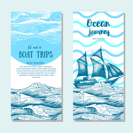 Sea set. vertical banner collection. Illustration drawn in ink.のイラスト素材