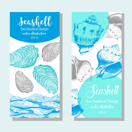 Seashell banners set. Nautical sea design. Hand drawn sketch.のイラスト素材