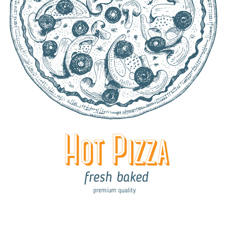 Pizza design template. illustration drawn in ink. Vintage design for pizzeriaのイラスト素材