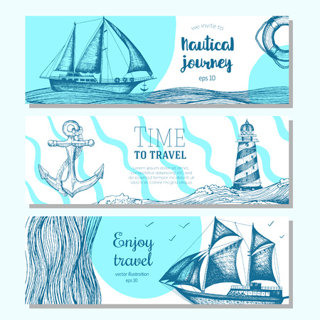 Sea set. Nautical elements horizontal banner collection.のイラスト素材