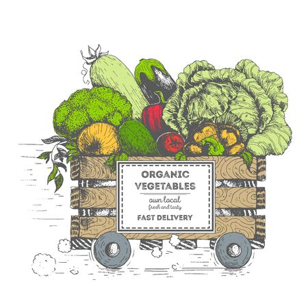 Fast delivery of fresh vegetables. The box on wheels with vegetables. Delivery of organic food. Conceptual image, drawn in ink.のイラスト素材