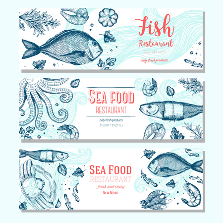 Seafood vintage design template. Horizontal banners set. illustration hand drawn linear art. Fish and seafood restaurant menu. Hand drawn sketch seafood bannersのイラスト素材
