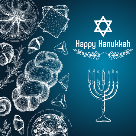 Card for jewish holiday, Hanukkah. Hand drawn sketch Hanukkah. illustration. Linear graphicのイラスト素材