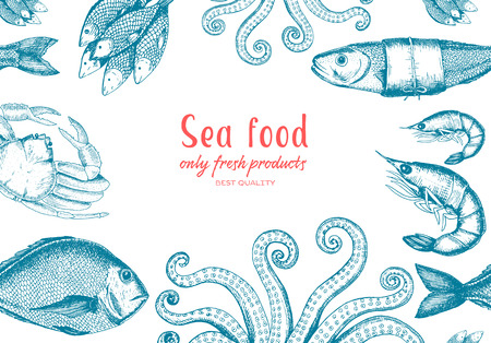 Vintage sea food frame illustration. Hand drawn with ink. Vintage design template.のイラスト素材