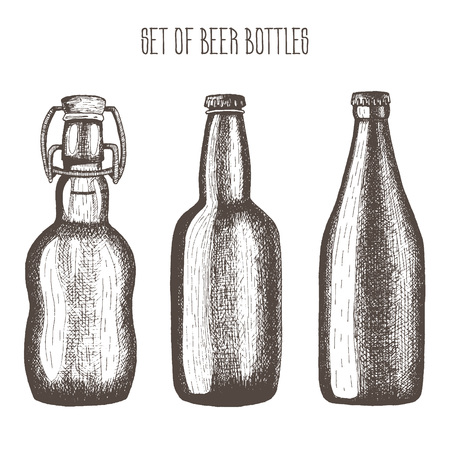 Set of beer bottles. Vector illustration, hand-drawn in inkのイラスト素材