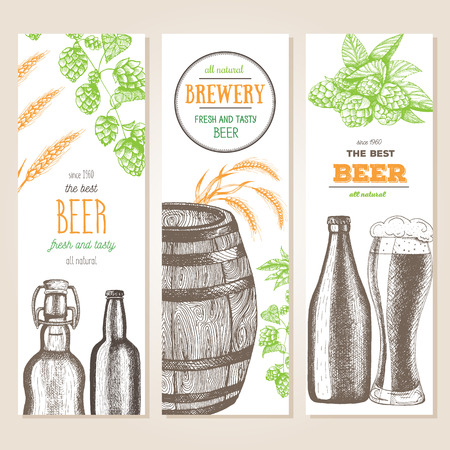 Banner set. Vector illustration in sketch style. Hand drawn beer vertical banners. Line drawing.のイラスト素材