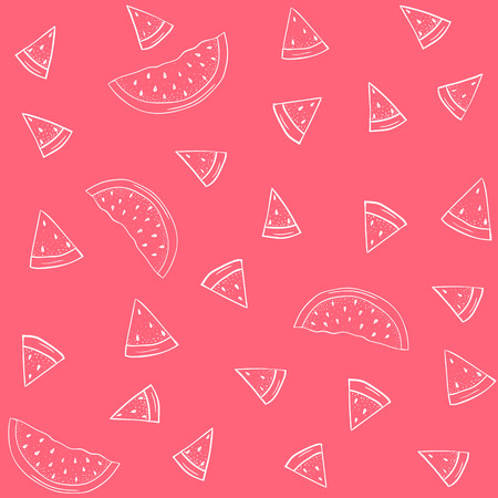 Silhouettes of slices of watermelon on a red and pink background.のイラスト素材