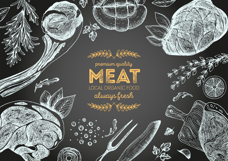 Vintage meat frame. Vector illustration. Linear graphic design. Hand drawn illustration. Meat design template.のイラスト素材