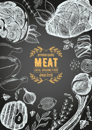 Vintage meat frame. Vector illustration. Linear graphic design. Hand drawn illustration. Meat design template.のイラスト素材