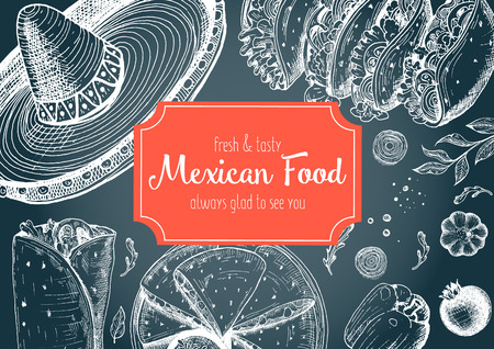 Mexican food frame. Mexican food vector illustration. Linear graphic style. Drawn on a chalkboard.のイラスト素材