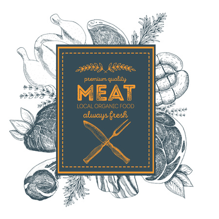Design template for meat market. Menu label with meat meal. Hand-drawn vector illustrationのイラスト素材