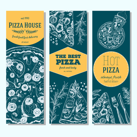 Pizza banner design template. Flyer design collection. Vector illustration drawn with ink. Vertical vintage banner set.のイラスト素材