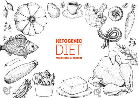 Ketogenic diet hand drawn vector illustration. Organic food diet. Good food illustration. Design elements. Hand drawn sketch. Various food frame. Organic food store conceptのイラスト素材