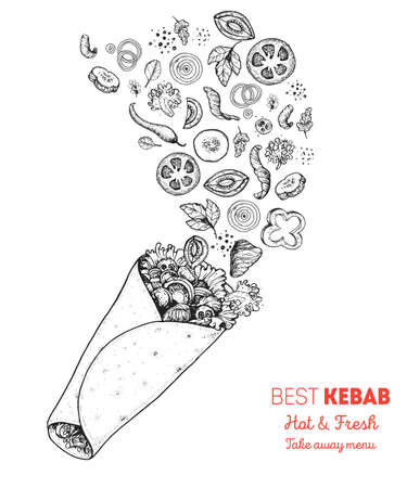 Doner kebab and ingredients for kebab, sketch illustration. Flying salad concept. Arabic cuisine frame. Fast food menu design elements. Shawarma hand drawn. Middle eastern foodのイラスト素材