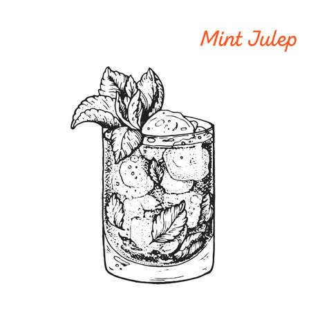 Mint Julep cocktail illustration. Alcoholic cocktails hand drawn vector illustration. Sketch styleのイラスト素材