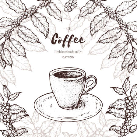 Coffee cup and coffee tree illustration. Vintage design for coffee shop. Engraved vector illustration. Espresso cupのイラスト素材