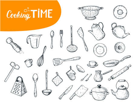 Kitchen utensils hand drawn vector illustration. Different kitchen utensils set. Engraved illustrationのイラスト素材