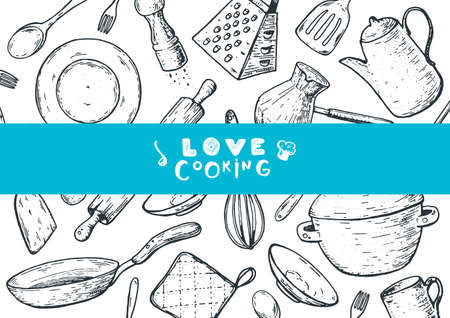 Love cooking illustration. Kitchen utensils hand drawn vector illustration. Cooking time sketch collection. Different kitchen utensils setのイラスト素材