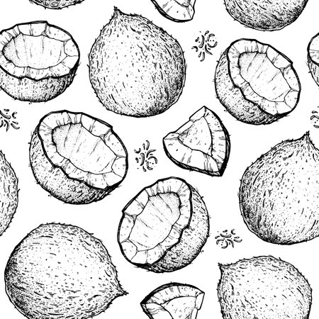 Coconut seamless pattern. Coconut design template. Hand drawn vector. Food illustration Engraved style. Vector botanical illustration, tropical backgroundのイラスト素材