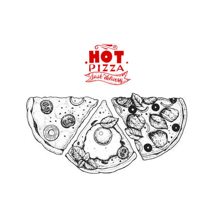 Italian Pizza hand drawn vector illustration. Pizza slices in a circle. Packaging design template. Sketch illustration.のイラスト素材