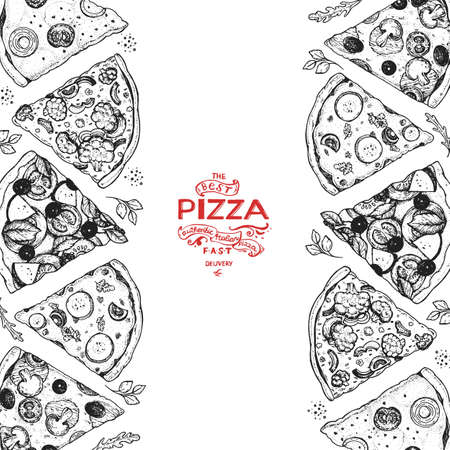 Italian pizza top view frame. Italian food menu design template. Vintage hand drawn sketch, vector illustration. Engraved style illustration. Pizza label for menu.のイラスト素材