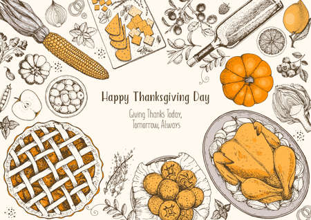 Thanksgiving day top view vector illustration. Food hand drawn sketch. Festive dinner with turkey and potato, apple pie, vegetables, fruits and berries. Autumn food sketch. Engraved image.のイラスト素材
