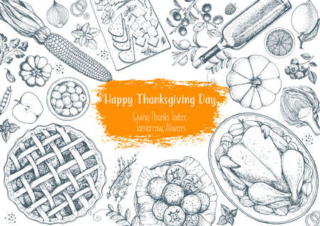 Thanksgiving day top view vector illustration. Food hand drawn sketch. Festive dinner with turkey and potato, apple pie, vegetables, fruits and berries, cheese. Autumn food sketch. Engraved image.のイラスト素材