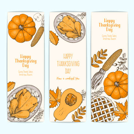 Thanksgiving vertical banner collection. Thanksgiving day top view vector illustration. Food hand drawn sketch. Autumn food sketch. Engraved image.のイラスト素材