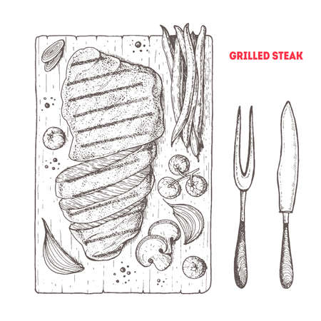 Grilled steak vector sketch. Meat dish illustration. Barbecue meat and vegetablesのイラスト素材
