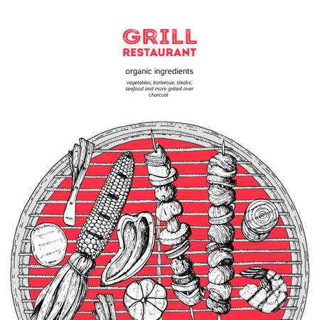 Grilled meat and vegetables poster. Vector illustration. Engraved design. Hand drawn illustration. Grill restaurant menu design templateのイラスト素材
