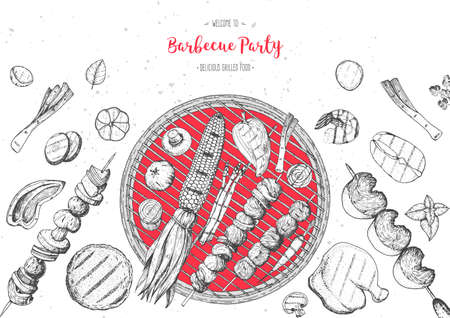 Grilled meat and vegetables top view frame. Vector illustration. Engraved design. Hand drawn illustration. Grill restaurant menu design template. Food on the grillのイラスト素材