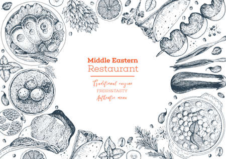 Middle eastern cuisine top view frame. Food menu design with hummus, kebab, shawarma, gefilte fish, matzoh ball soup. Vintage hand drawn sketch vector illustration. Middle eastern traditional foodのイラスト素材